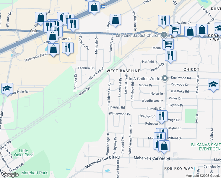 map of restaurants, bars, coffee shops, grocery stores, and more near 9600 Wilderness Road in Little Rock