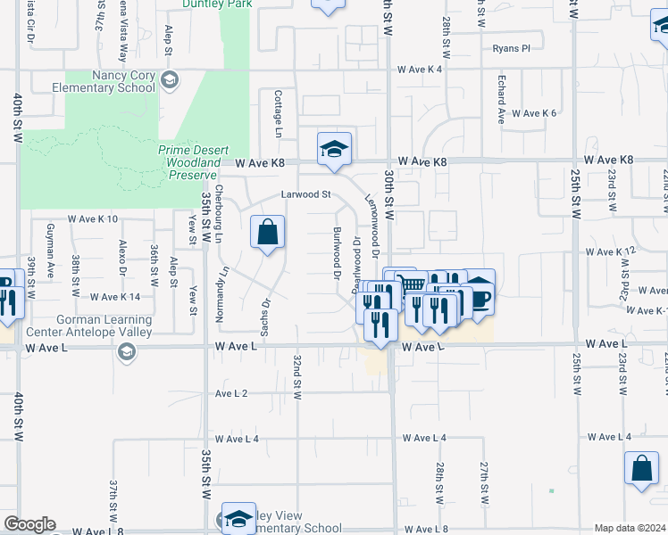 map of restaurants, bars, coffee shops, grocery stores, and more near 3103 Softwood Court in Lancaster