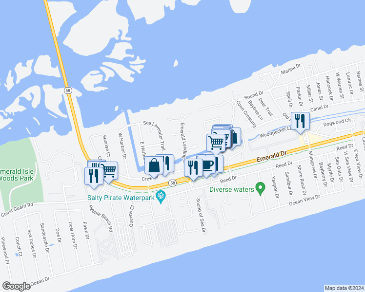 map of restaurants, bars, coffee shops, grocery stores, and more near 403 Emerald Landing Drive in Emerald Isle