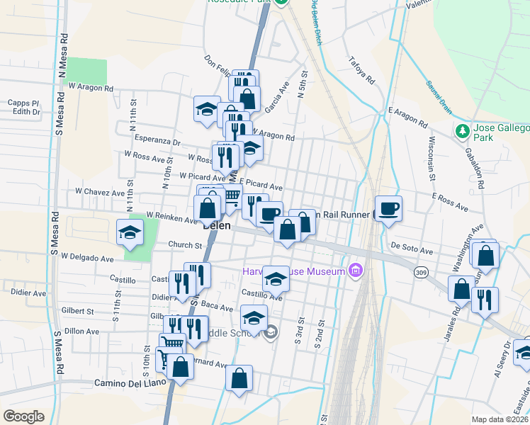 map of restaurants, bars, coffee shops, grocery stores, and more near 324 North 6th Street in Belen