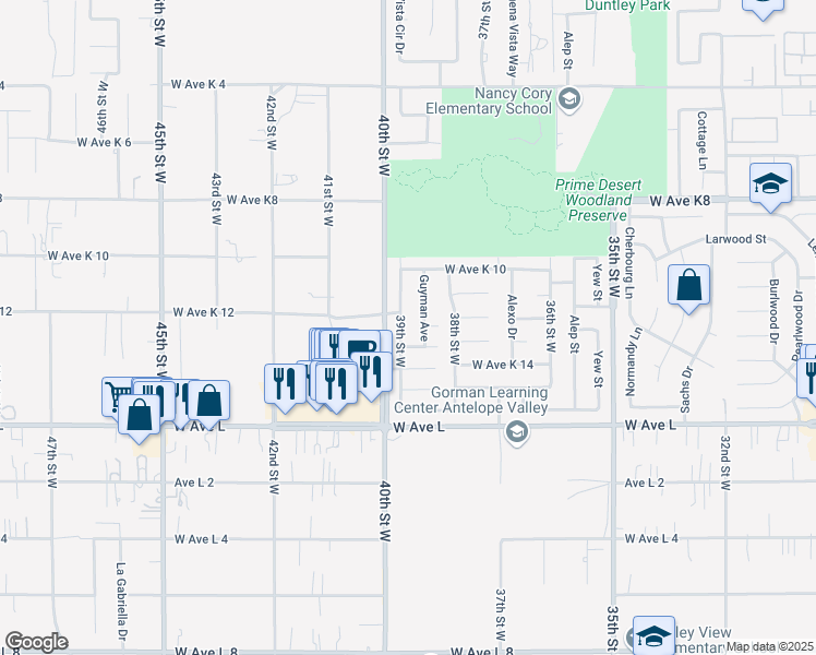 map of restaurants, bars, coffee shops, grocery stores, and more near 42946 39th Street West in Lancaster