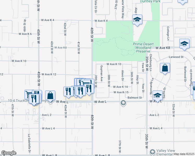 map of restaurants, bars, coffee shops, grocery stores, and more near 42946 39th Street West in Lancaster