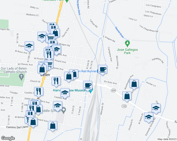 map of restaurants, bars, coffee shops, grocery stores, and more near 412 North 2nd Street in Belen
