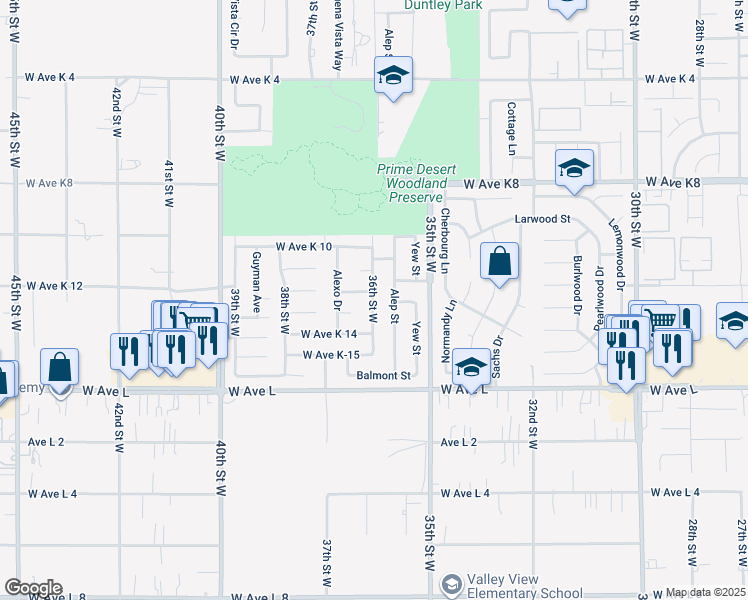 map of restaurants, bars, coffee shops, grocery stores, and more near 3614 West Avenue K12 in Lancaster