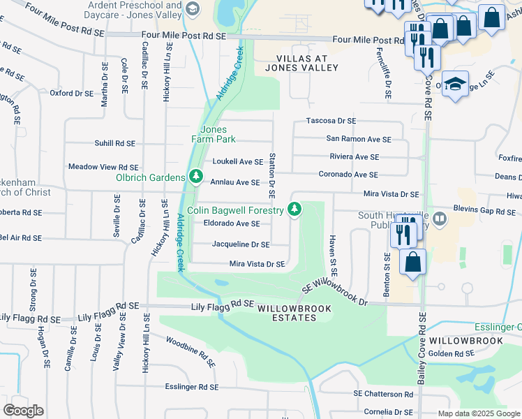 map of restaurants, bars, coffee shops, grocery stores, and more near 830 Harrisburg Drive Southeast in Huntsville