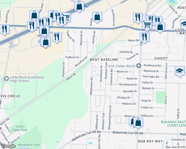 map of restaurants, bars, coffee shops, grocery stores, and more near 9600 Wilderness Road in Little Rock