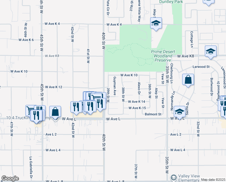 map of restaurants, bars, coffee shops, grocery stores, and more near 42945 Guyman Avenue in Lancaster