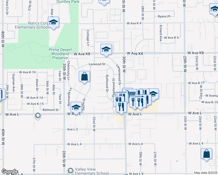 map of restaurants, bars, coffee shops, grocery stores, and more near 42944 Burlwood Drive in Lancaster