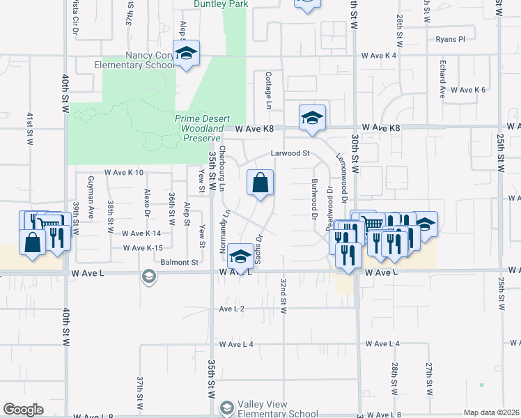map of restaurants, bars, coffee shops, grocery stores, and more near 42924 Beau Ville Court in Lancaster