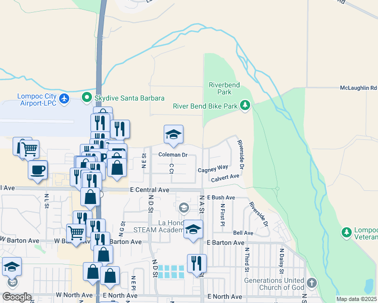 map of restaurants, bars, coffee shops, grocery stores, and more near 705 Coleman Drive in Lompoc
