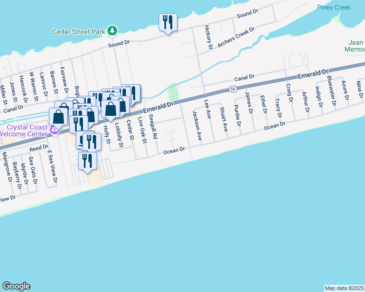 map of restaurants, bars, coffee shops, grocery stores, and more near 7504 Ocean Drive in Emerald Isle