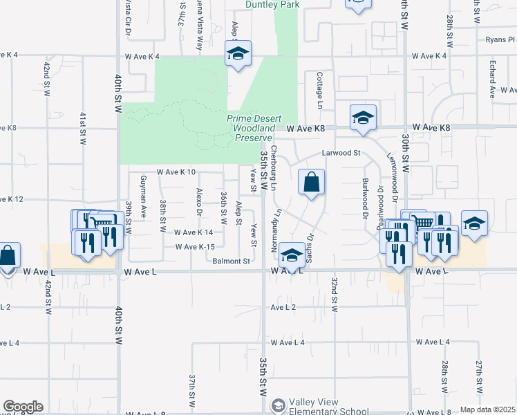 map of restaurants, bars, coffee shops, grocery stores, and more near 3501 West Avenue K 13 in Lancaster