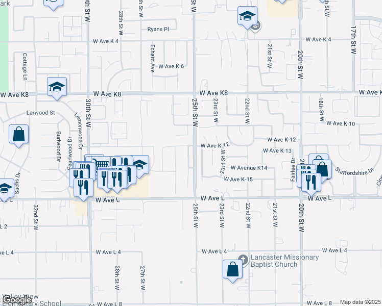 map of restaurants, bars, coffee shops, grocery stores, and more near 42934 Fenner Avenue in Lancaster