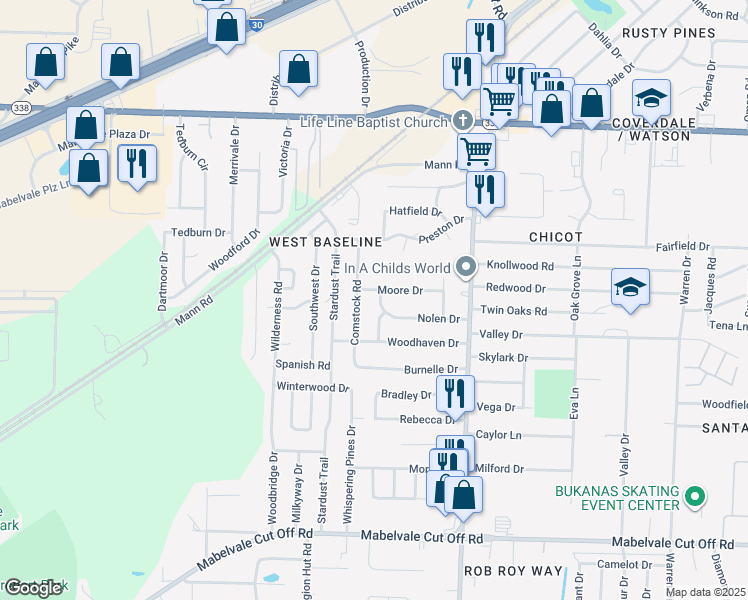 map of restaurants, bars, coffee shops, grocery stores, and more near 9504 Nolen Dr in Little Rock