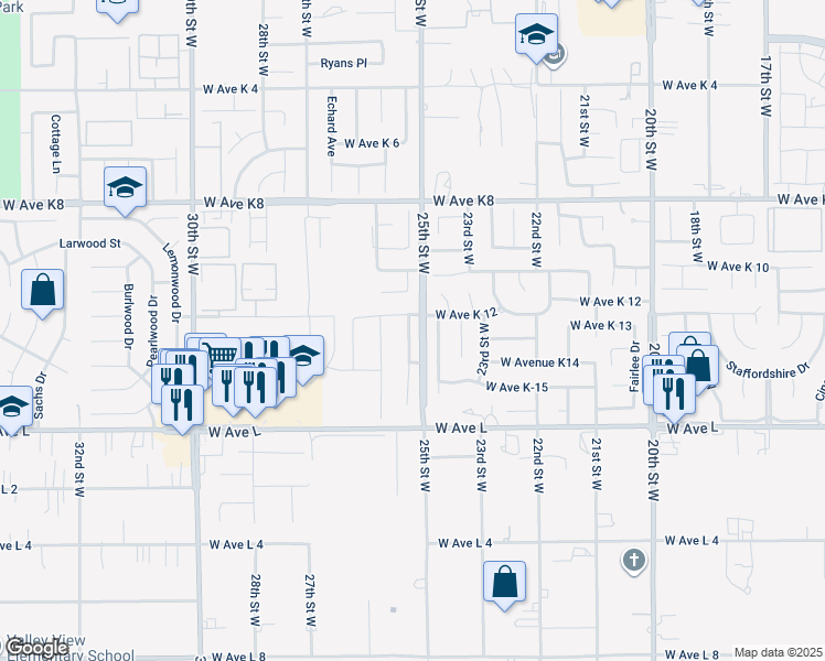 map of restaurants, bars, coffee shops, grocery stores, and more near 42934 Fenner Avenue in Lancaster