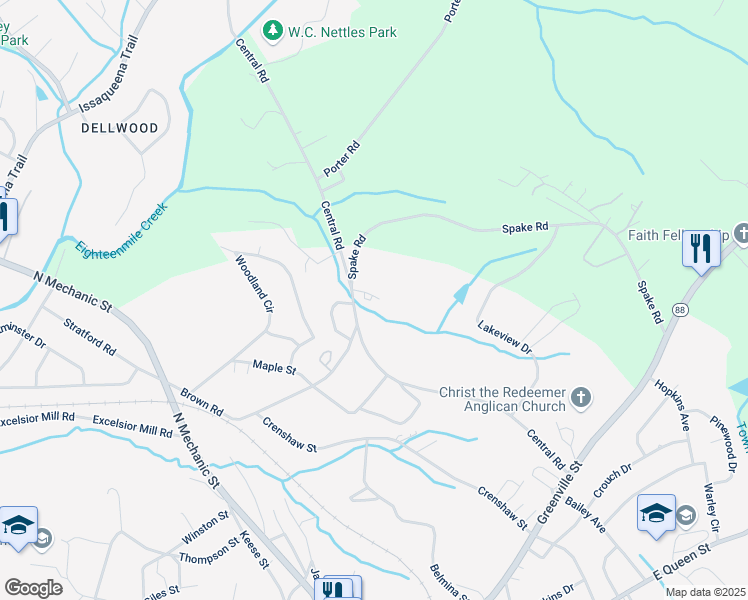 map of restaurants, bars, coffee shops, grocery stores, and more near 104 Cedar Lane in Pendleton