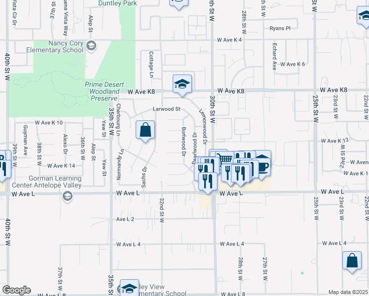 map of restaurants, bars, coffee shops, grocery stores, and more near 43000 Pearlwood Drive in Lancaster