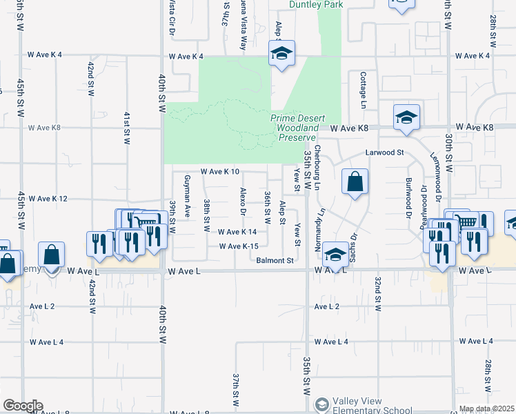map of restaurants, bars, coffee shops, grocery stores, and more near 3614 West Avenue K12 in Lancaster