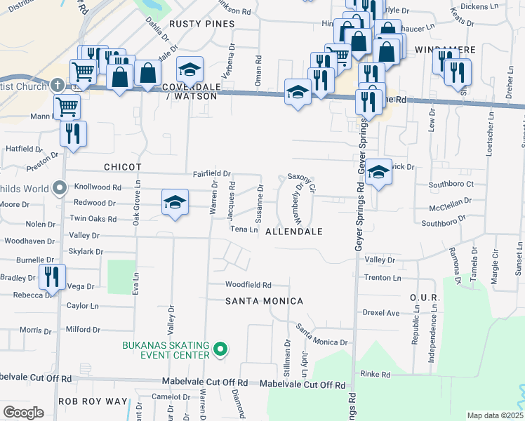 map of restaurants, bars, coffee shops, grocery stores, and more near 9509 Susanne Drive in Little Rock