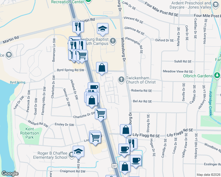 map of restaurants, bars, coffee shops, grocery stores, and more near 204 Beauchamp Place Southwest in Huntsville