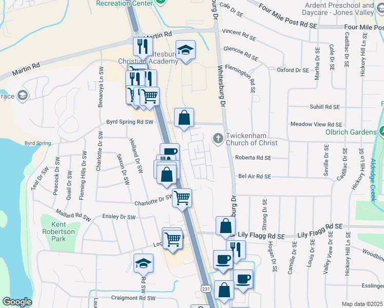 map of restaurants, bars, coffee shops, grocery stores, and more near 204 Beauchamp Place Southwest in Huntsville