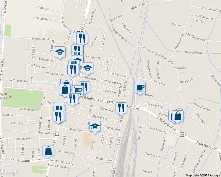 map of restaurants, bars, coffee shops, grocery stores, and more near 405 N 3rd St in Belen
