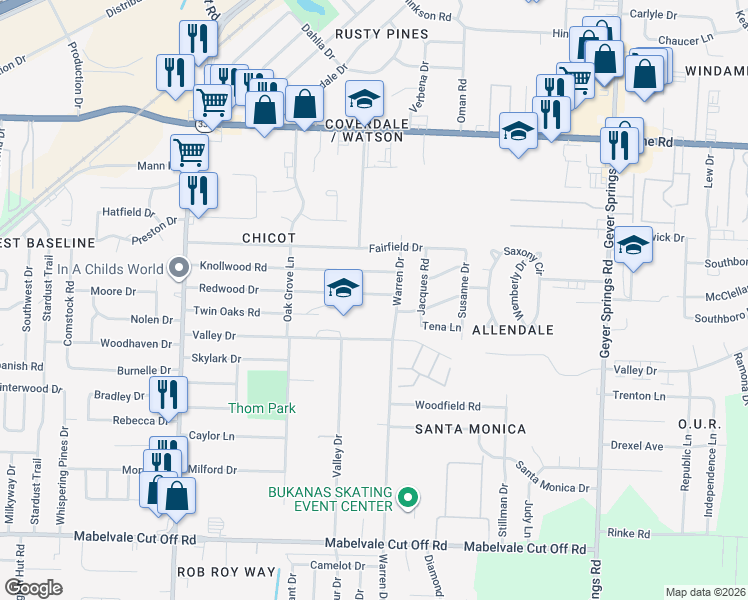 map of restaurants, bars, coffee shops, grocery stores, and more near 6821 Redwood Drive in Little Rock