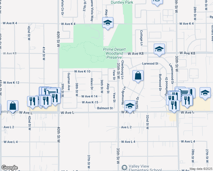 map of restaurants, bars, coffee shops, grocery stores, and more near 42933 Alep Street in Lancaster