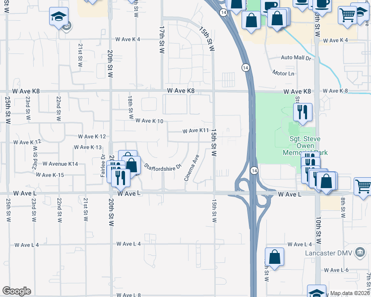 map of restaurants, bars, coffee shops, grocery stores, and more near 1635 Staffordshire Drive in Lancaster
