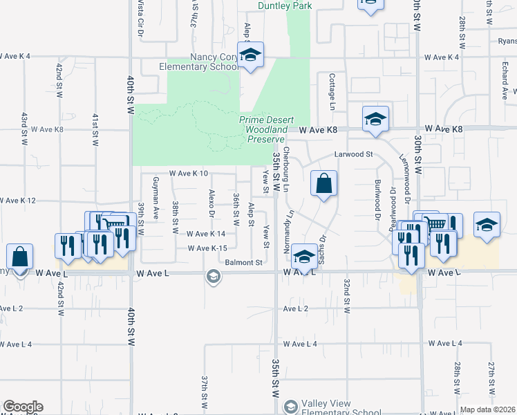map of restaurants, bars, coffee shops, grocery stores, and more near 3521 West Avenue K 13 in Lancaster