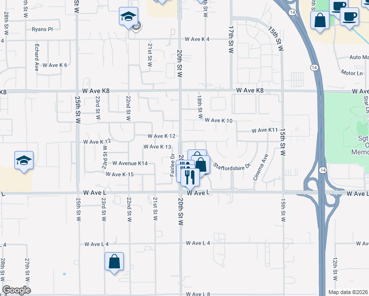 map of restaurants, bars, coffee shops, grocery stores, and more near 1925 West Avenue K 13 in Lancaster