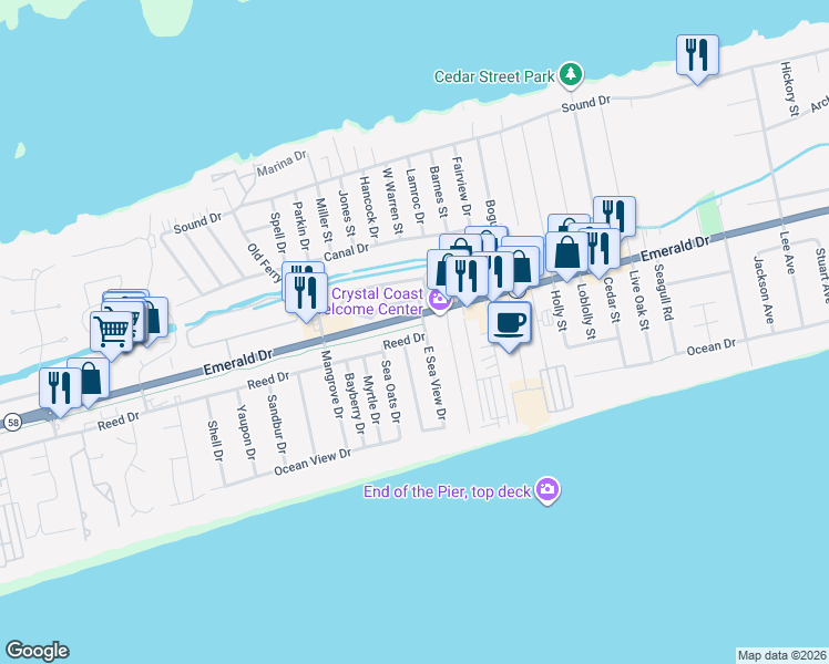 map of restaurants, bars, coffee shops, grocery stores, and more near 8501-8503 Reed Dr in Emerald Isle