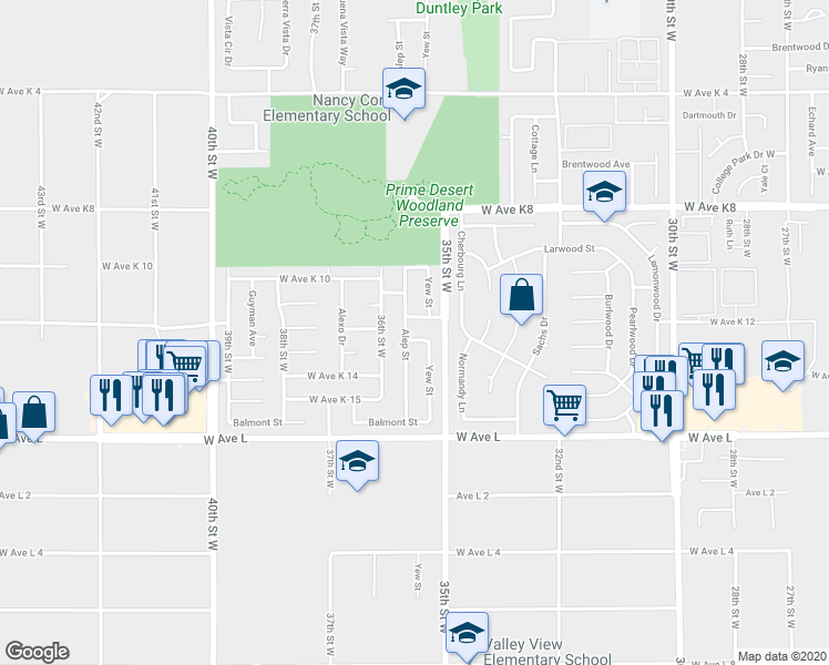 map of restaurants, bars, coffee shops, grocery stores, and more near 3521 West Avenue K 13 in Lancaster
