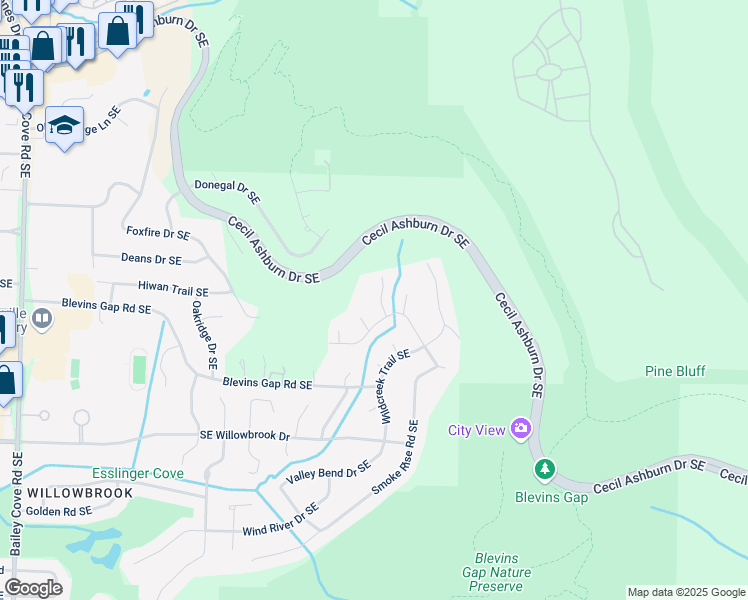 map of restaurants, bars, coffee shops, grocery stores, and more near 1694 Shady Cove Cir SE in Huntsville