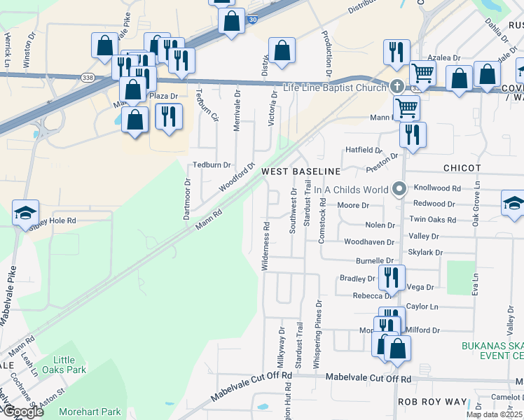 map of restaurants, bars, coffee shops, grocery stores, and more near 9600 Wilderness Rd in Little Rock
