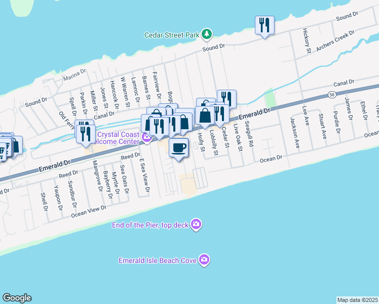 map of restaurants, bars, coffee shops, grocery stores, and more near 131 Eastview Drive in Emerald Isle