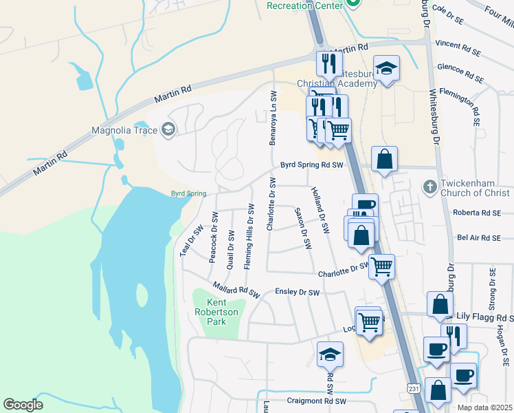 map of restaurants, bars, coffee shops, grocery stores, and more near 7609 Fleming Hills Dr SW in Huntsville