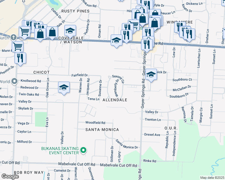 map of restaurants, bars, coffee shops, grocery stores, and more near 18 Wemberly Drive in Little Rock