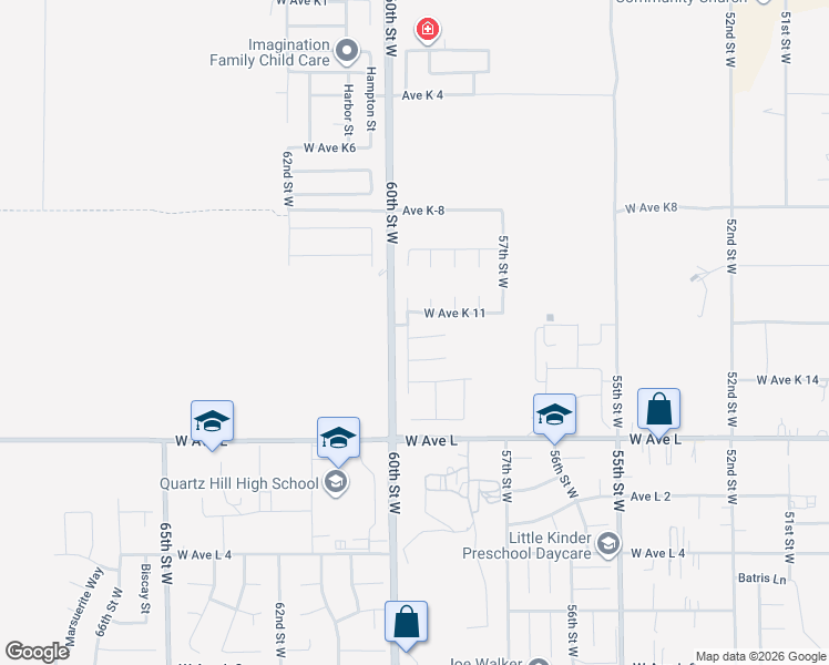 map of restaurants, bars, coffee shops, grocery stores, and more near 42952 59th Street West in Quartz Hill