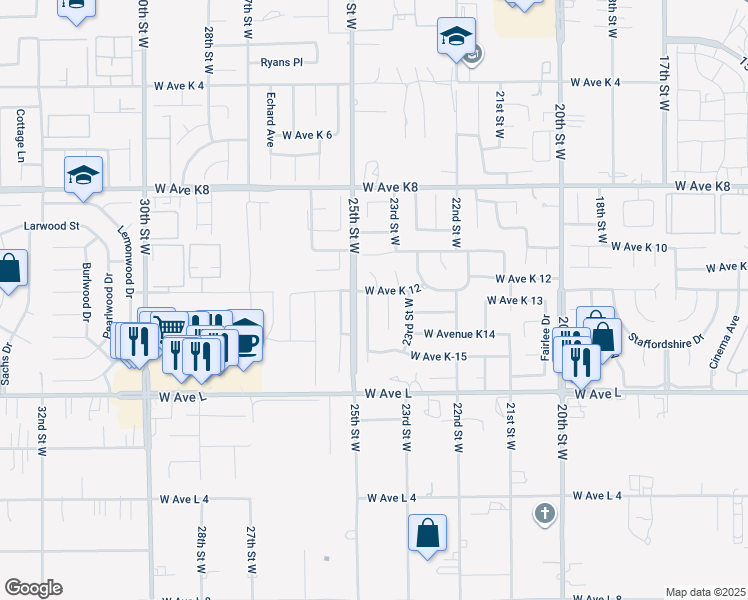 map of restaurants, bars, coffee shops, grocery stores, and more near 42950 Willow West Court in Lancaster