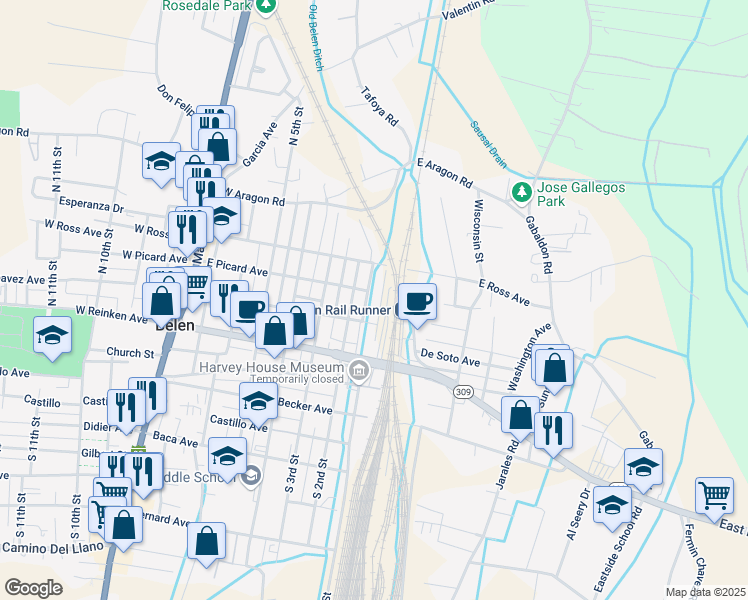 map of restaurants, bars, coffee shops, grocery stores, and more near 420 North 1st Street in Belen
