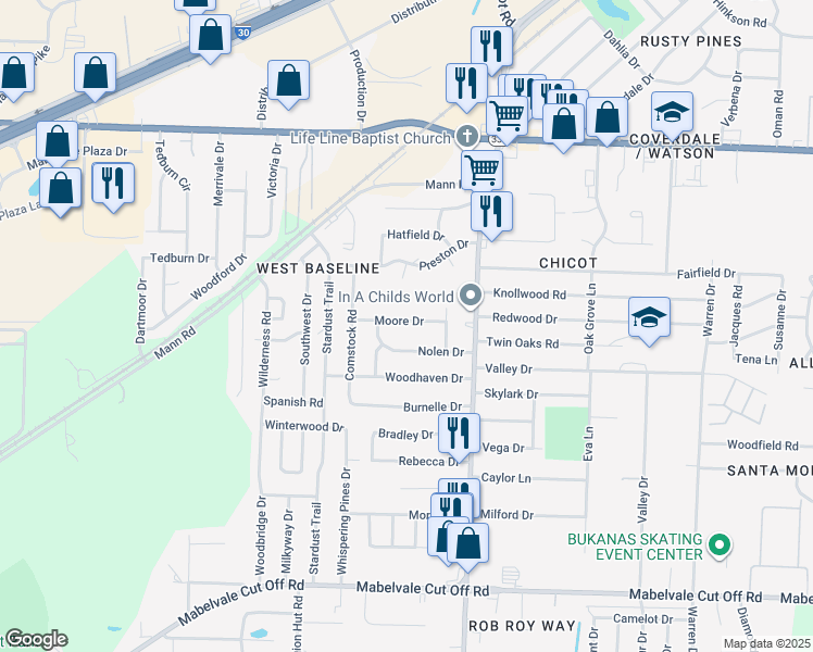 map of restaurants, bars, coffee shops, grocery stores, and more near 7809 Moore Drive in Little Rock
