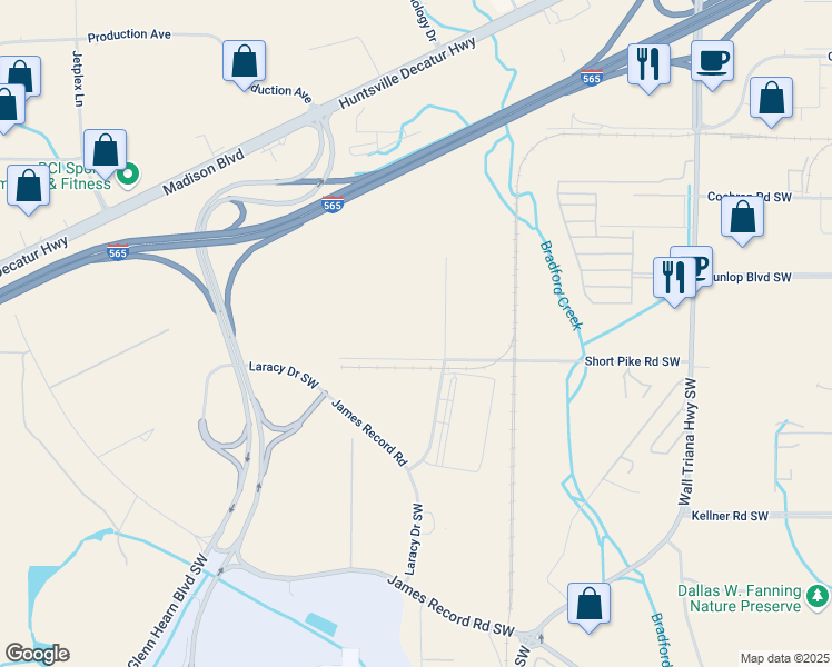 map of restaurants, bars, coffee shops, grocery stores, and more near 391 Short Pike Road Southwest in Huntsville