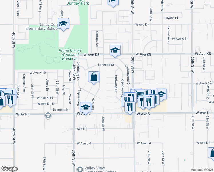 map of restaurants, bars, coffee shops, grocery stores, and more near 3142 Golfwood Court in Lancaster