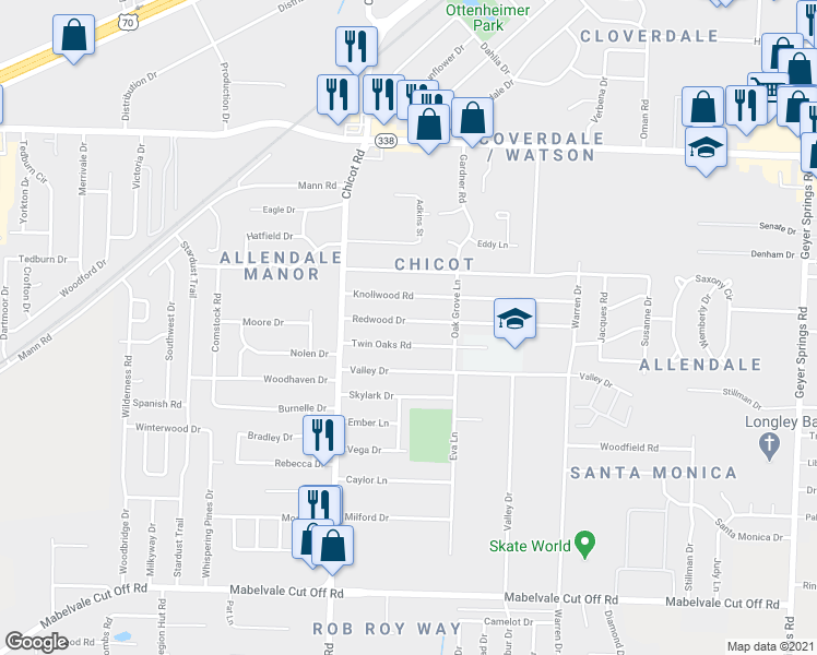 map of restaurants, bars, coffee shops, grocery stores, and more near 7319 Redwood Drive in Little Rock