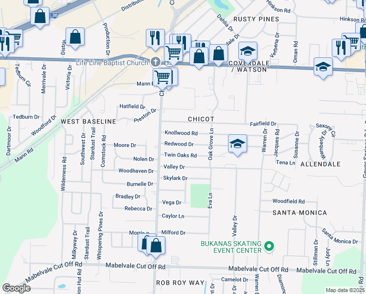 map of restaurants, bars, coffee shops, grocery stores, and more near 7411 Redwood Drive in Little Rock