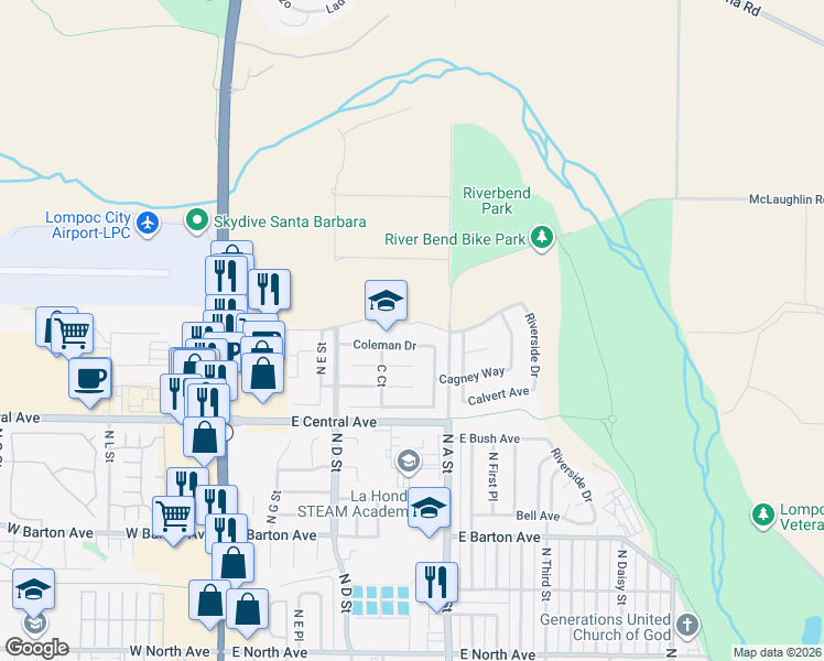 map of restaurants, bars, coffee shops, grocery stores, and more near 705 Coleman Drive in Lompoc