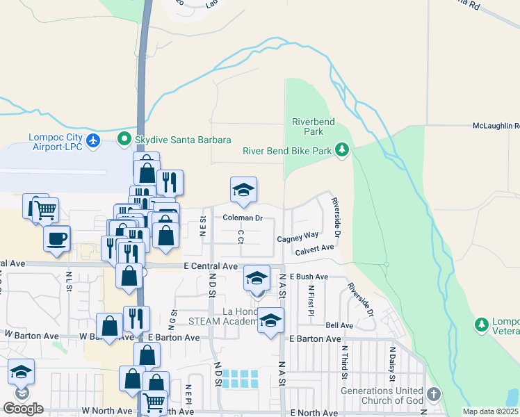 map of restaurants, bars, coffee shops, grocery stores, and more near 705 Coleman Drive in Lompoc