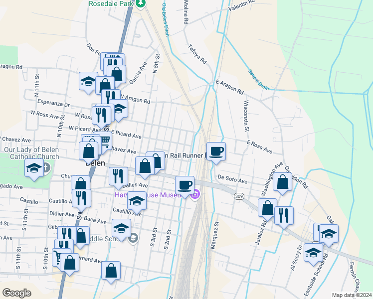 map of restaurants, bars, coffee shops, grocery stores, and more near 412 North 2nd Street in Belen