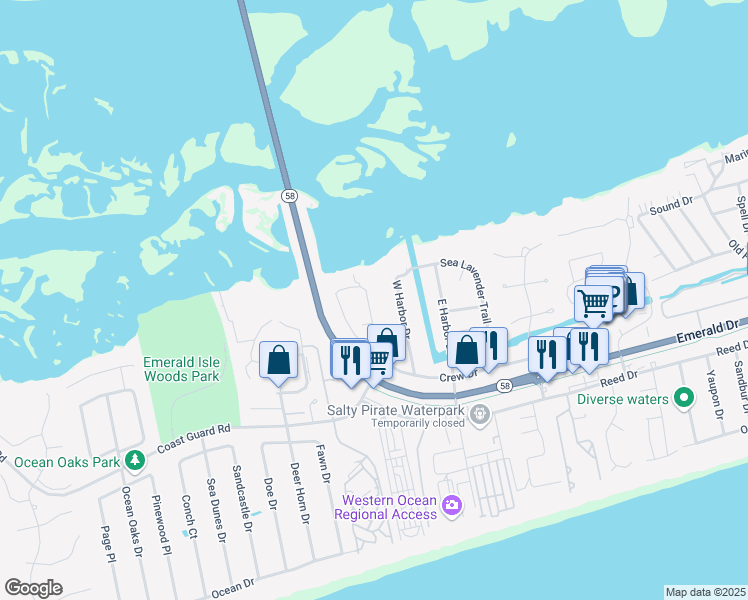 map of restaurants, bars, coffee shops, grocery stores, and more near 420 Sunrise Court in Emerald Isle